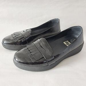 Fitflop Women Loafers Size 7 Black Leather Fringey Sneakerloafer Comfort Shoes